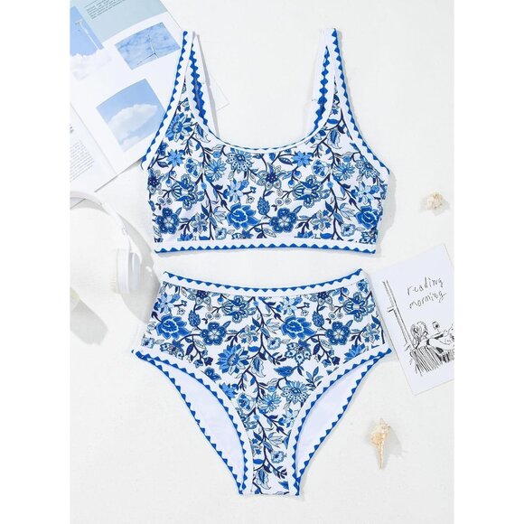 Women Blue White Ribbed High Waist Two Piece Bikini Set Padded Swimwear Summer - Picture 4 of 5